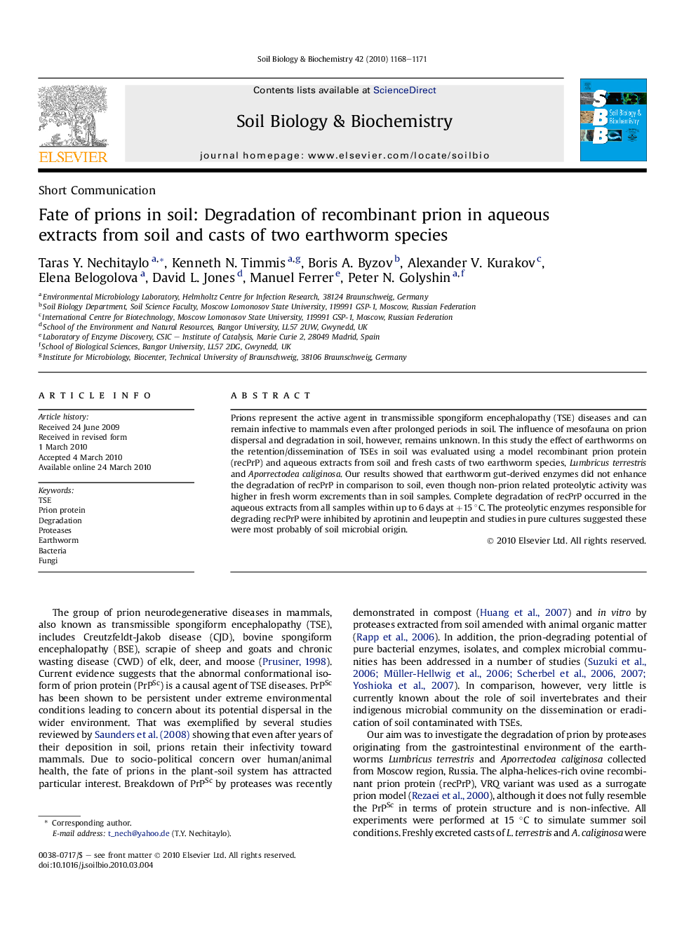 Fate of prions in soil: Degradation of recombinant prion in aqueous extracts from soil and casts of two earthworm species