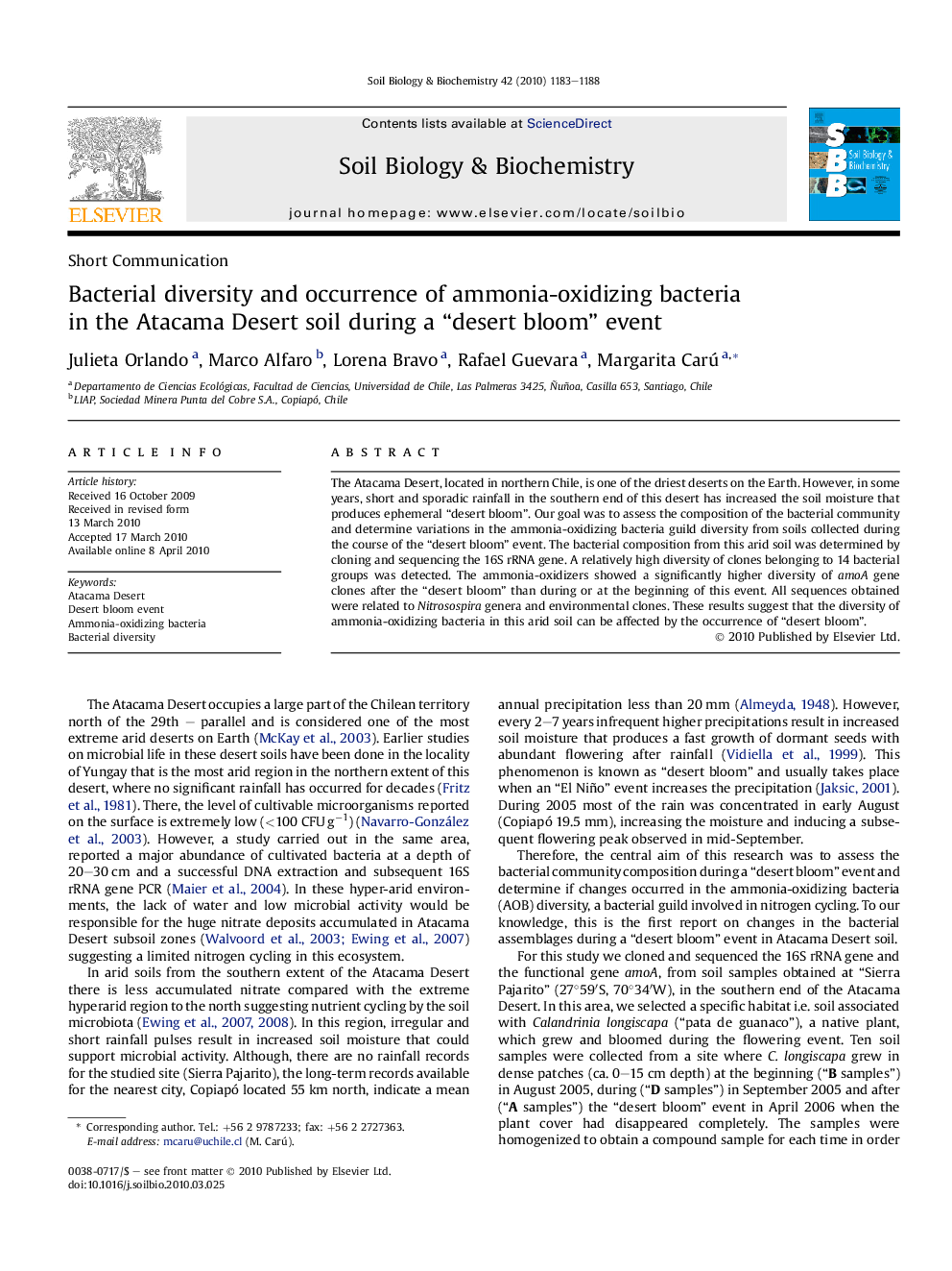 Bacterial diversity and occurrence of ammonia-oxidizing bacteria in the Atacama Desert soil during a “desert bloom” event