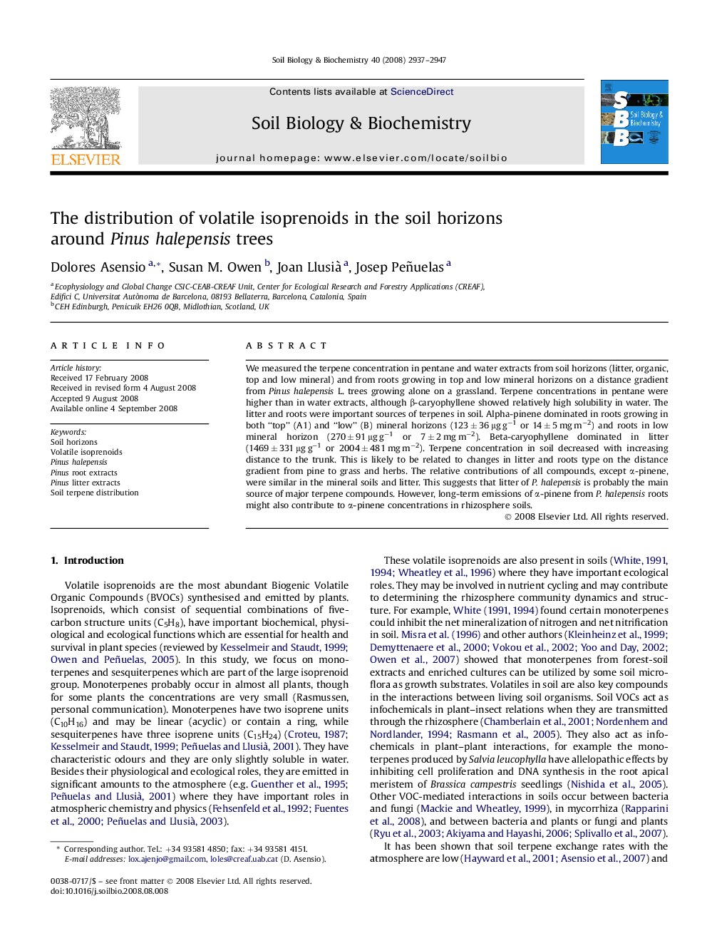 The distribution of volatile isoprenoids in the soil horizons around Pinus halepensis trees