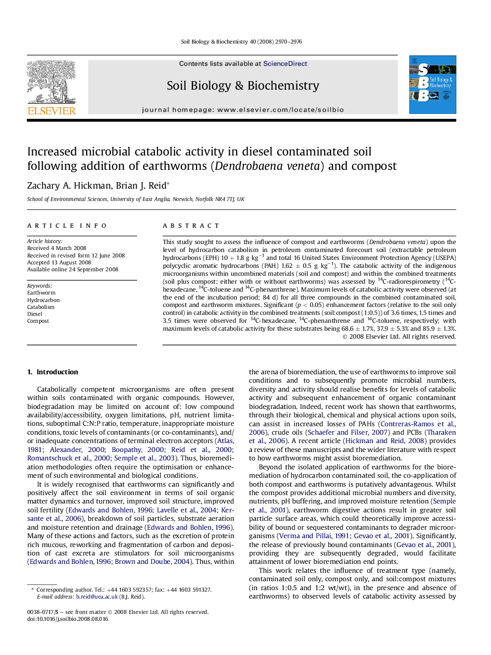 Increased microbial catabolic activity in diesel contaminated soil following addition of earthworms (Dendrobaena veneta) and compost