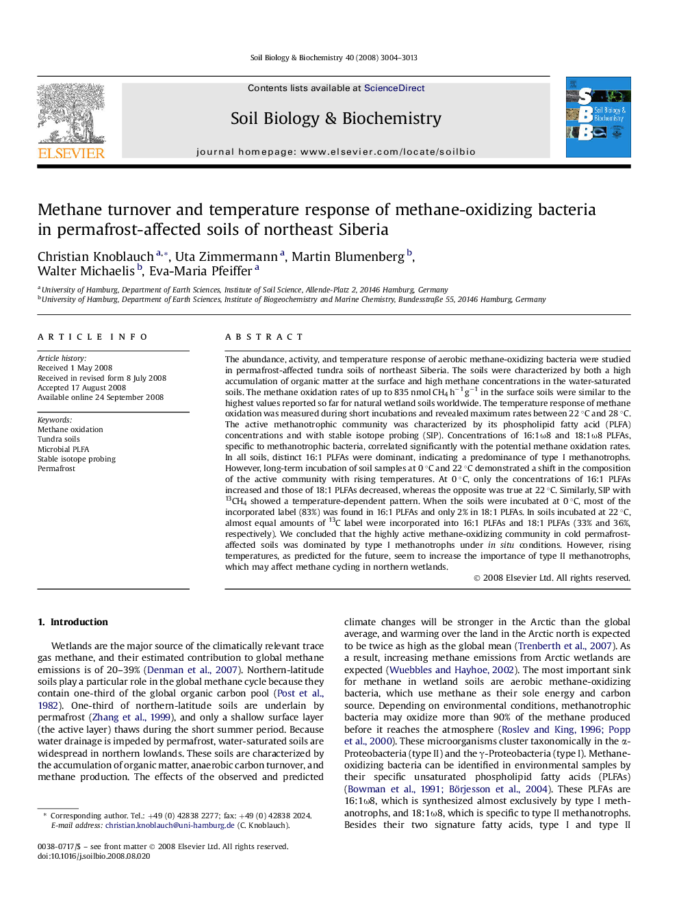 Methane turnover and temperature response of methane-oxidizing bacteria in permafrost-affected soils of northeast Siberia