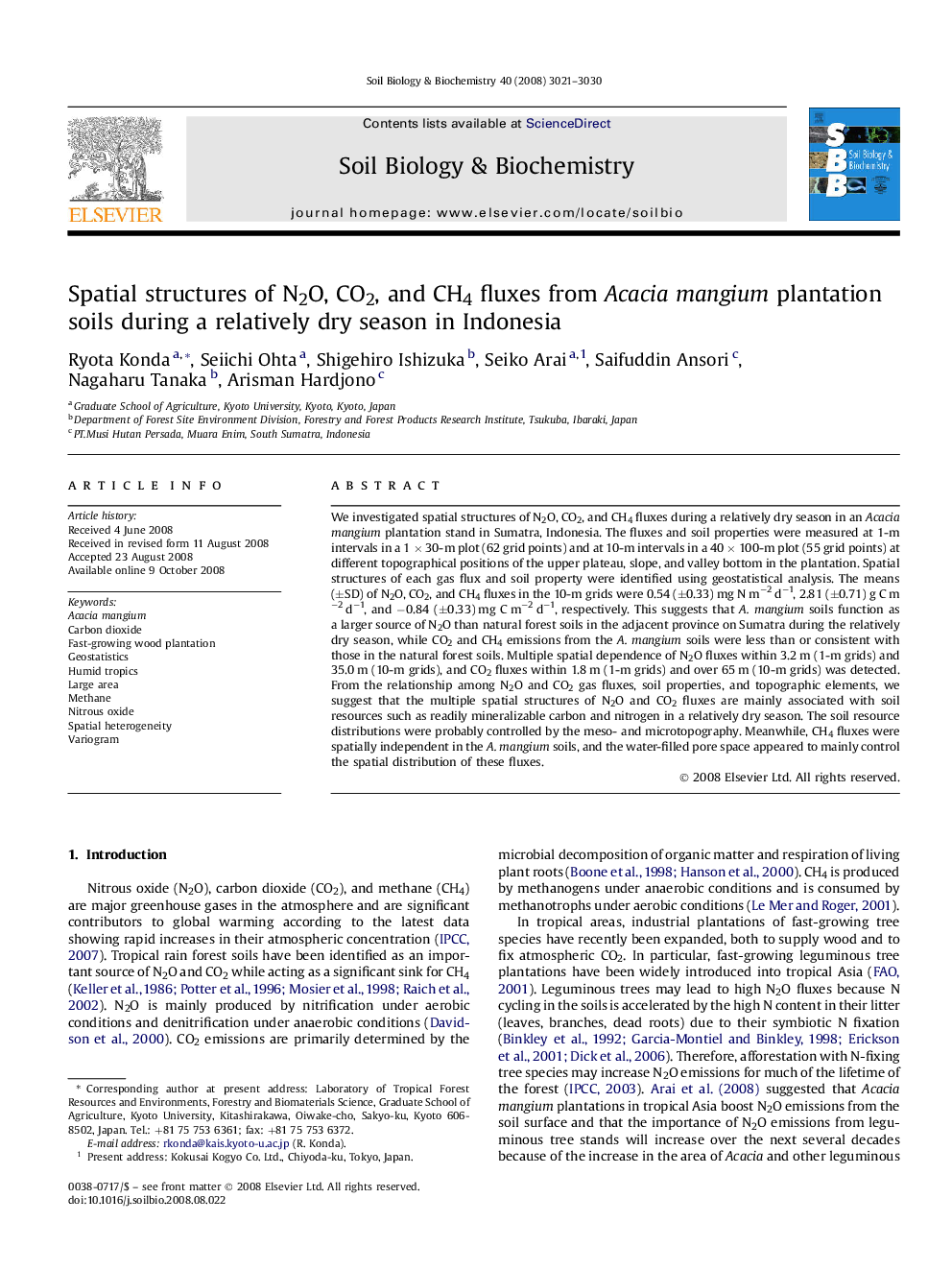 Spatial structures of N2O, CO2, and CH4 fluxes from Acacia mangium plantation soils during a relatively dry season in Indonesia