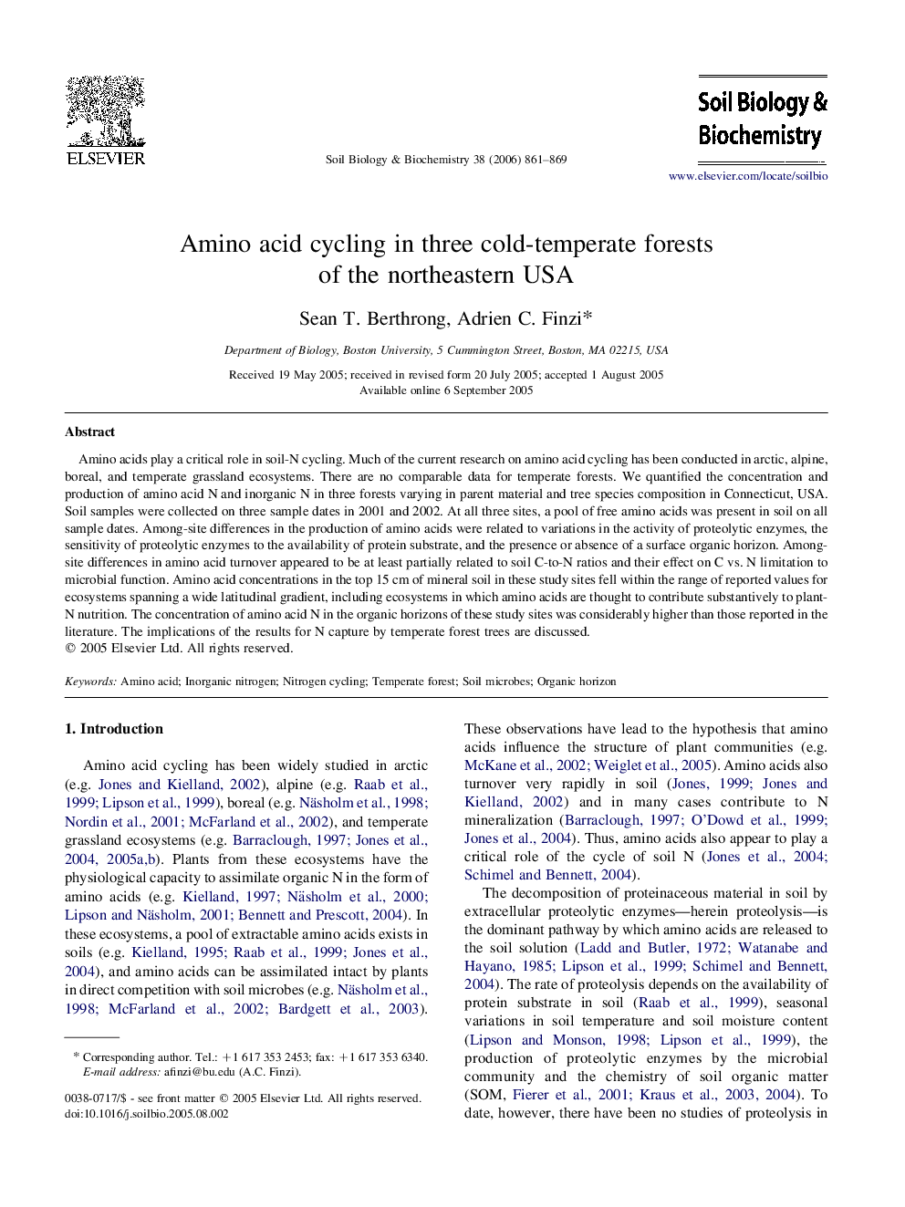 Amino acid cycling in three cold-temperate forests of the northeastern USA