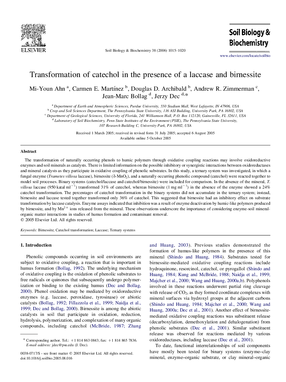 Transformation of catechol in the presence of a laccase and birnessite