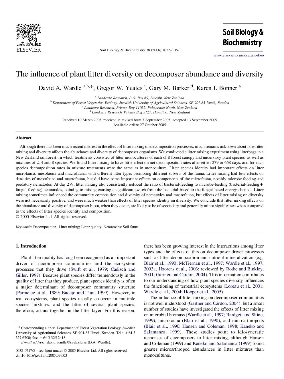 The influence of plant litter diversity on decomposer abundance and diversity