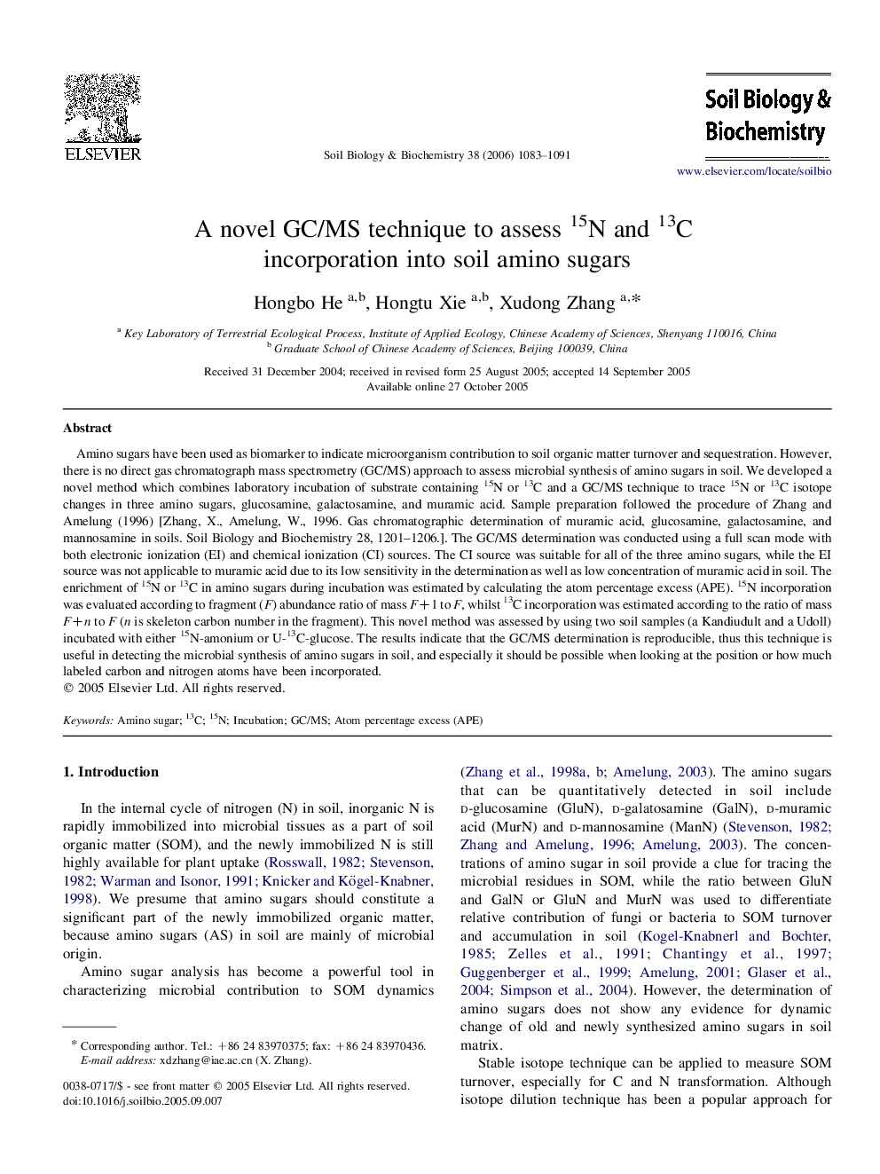 A novel GC/MS technique to assess 15N and 13C incorporation into soil amino sugars