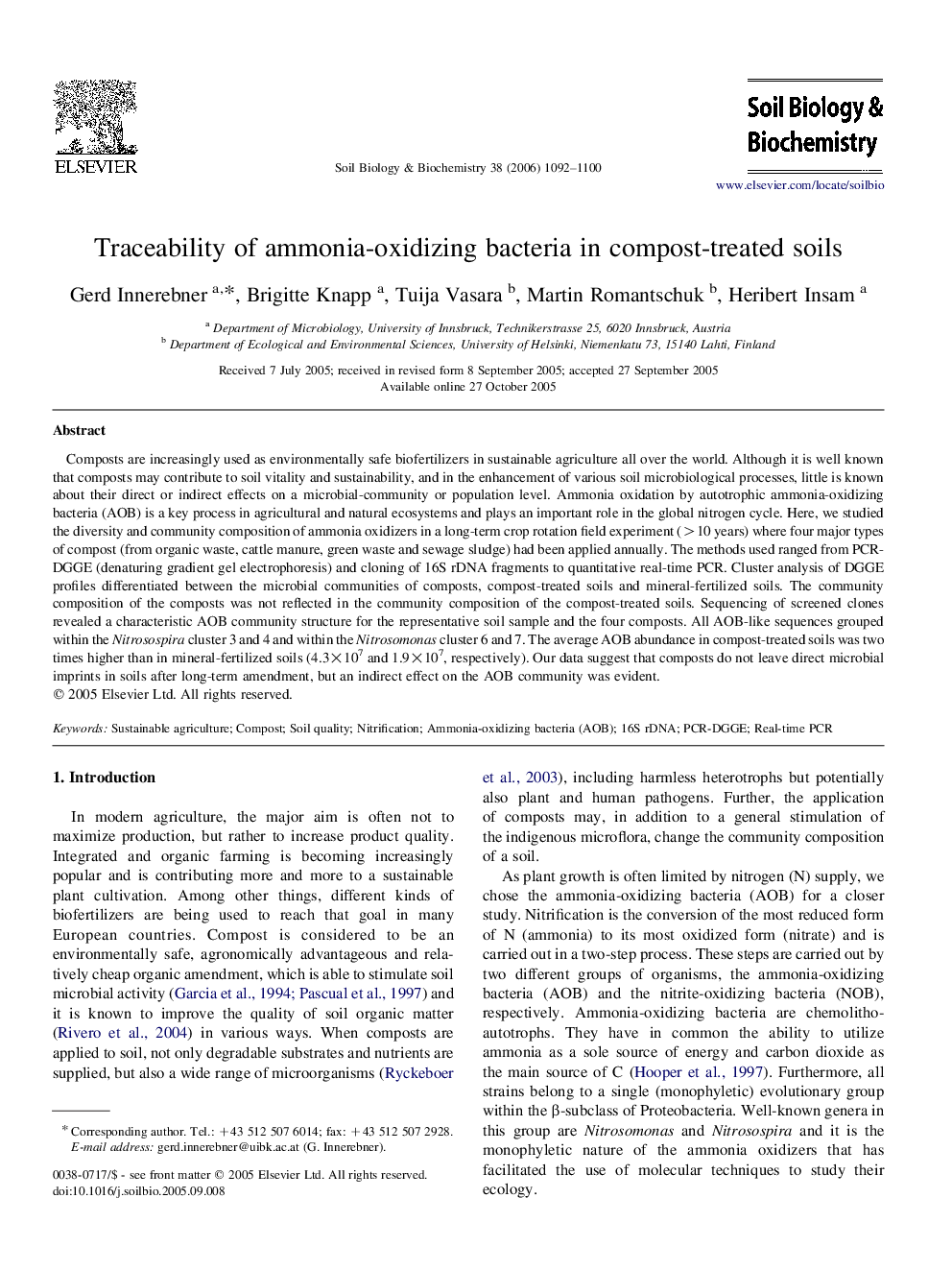 Traceability of ammonia-oxidizing bacteria in compost-treated soils