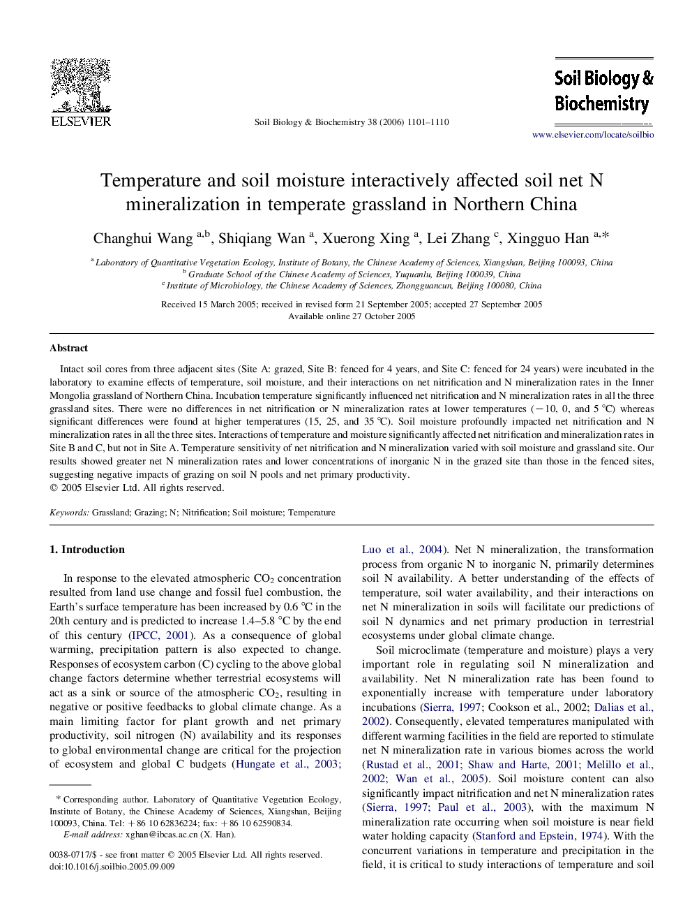 Temperature and soil moisture interactively affected soil net N mineralization in temperate grassland in Northern China