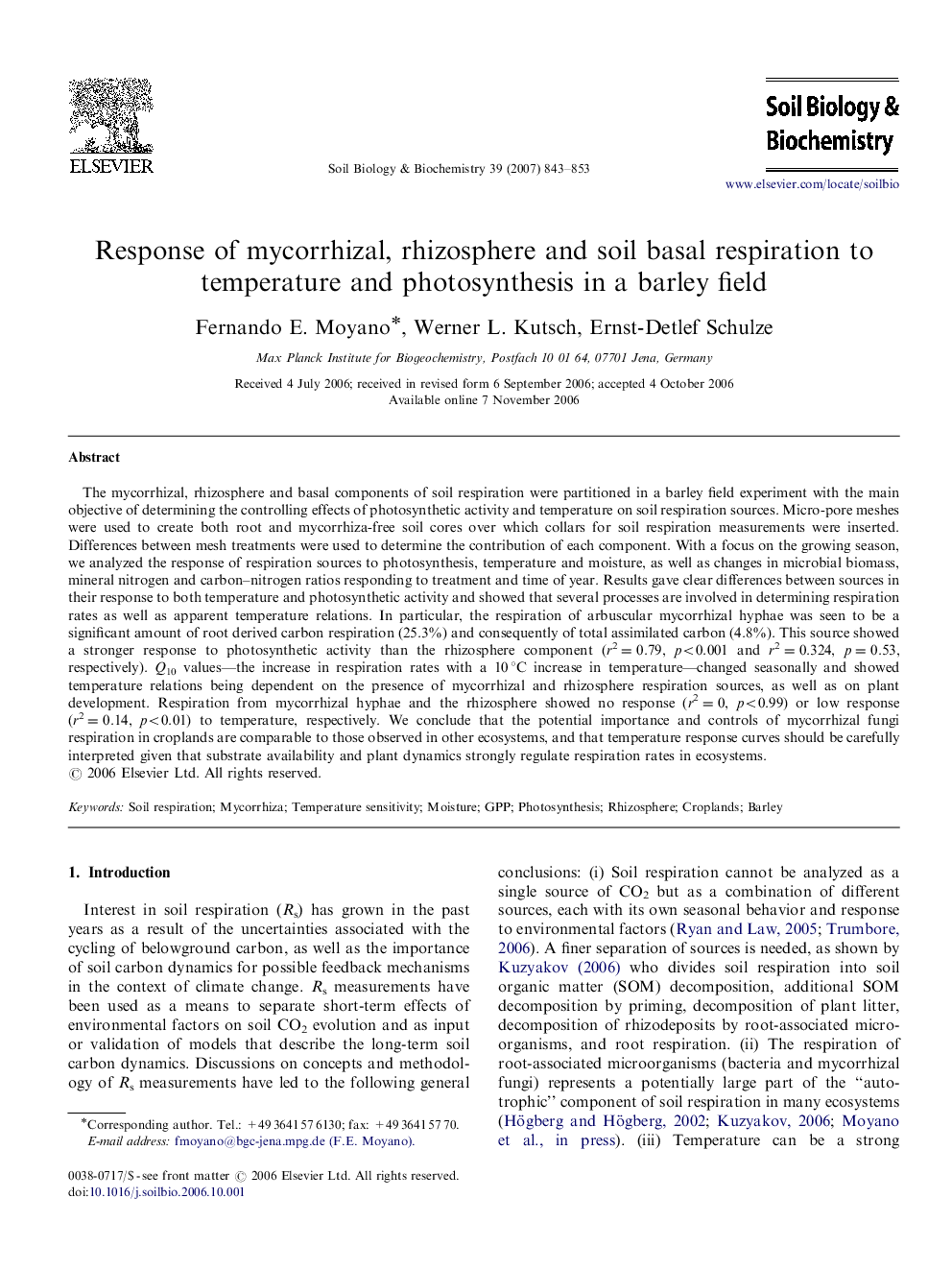 Response of mycorrhizal, rhizosphere and soil basal respiration to temperature and photosynthesis in a barley field