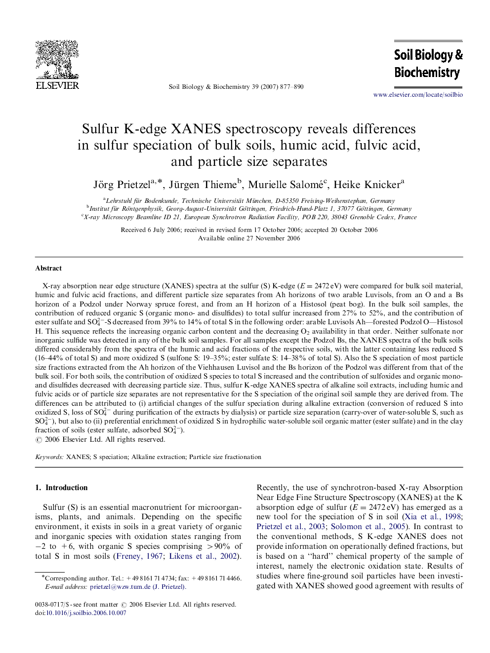 Sulfur K-edge XANES spectroscopy reveals differences in sulfur speciation of bulk soils, humic acid, fulvic acid, and particle size separates