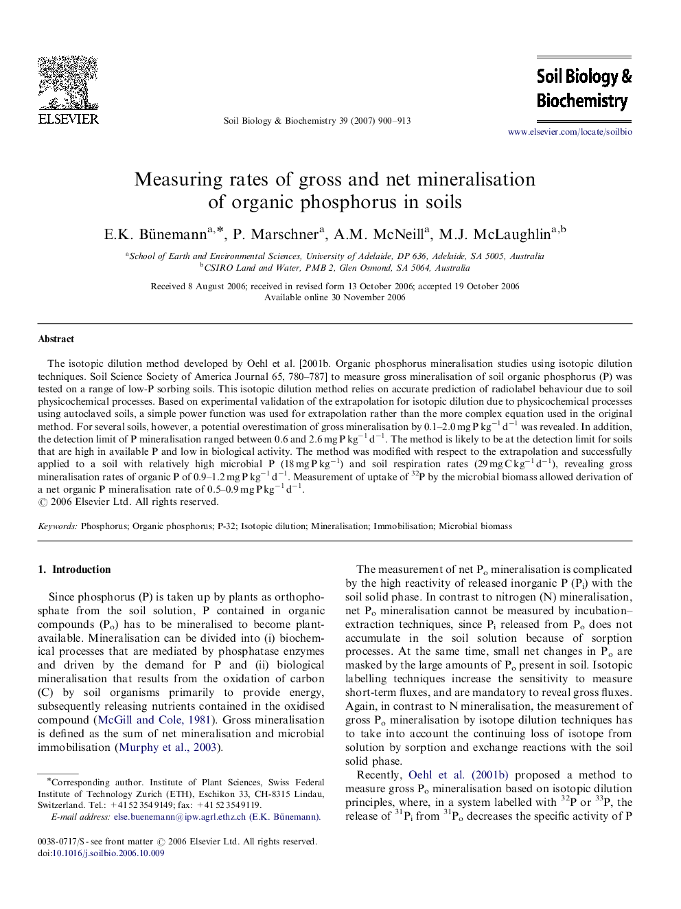 Measuring rates of gross and net mineralisation of organic phosphorus in soils