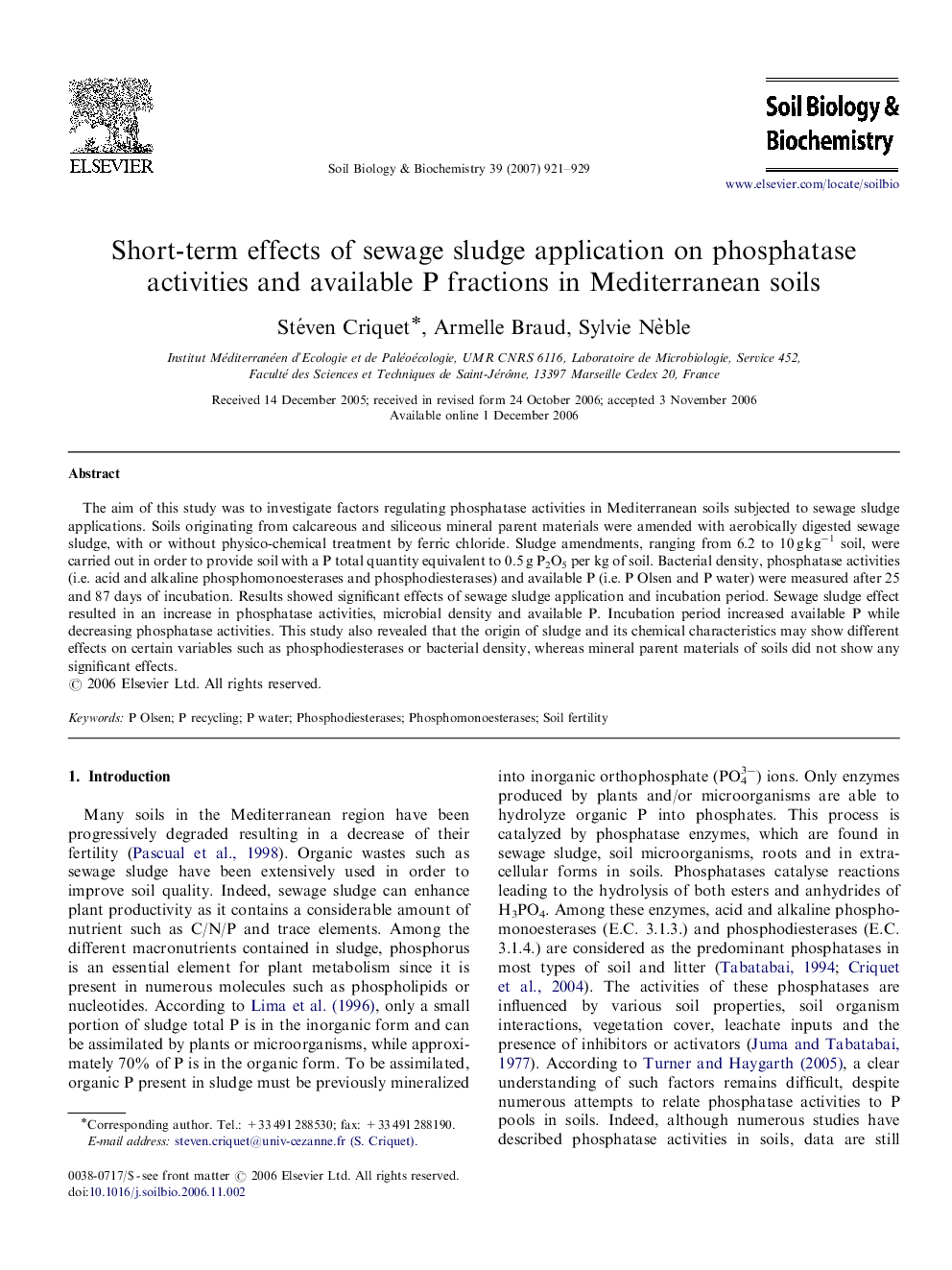 Short-term effects of sewage sludge application on phosphatase activities and available P fractions in Mediterranean soils