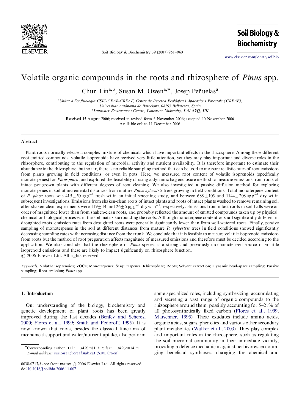 Volatile organic compounds in the roots and rhizosphere of Pinus spp.