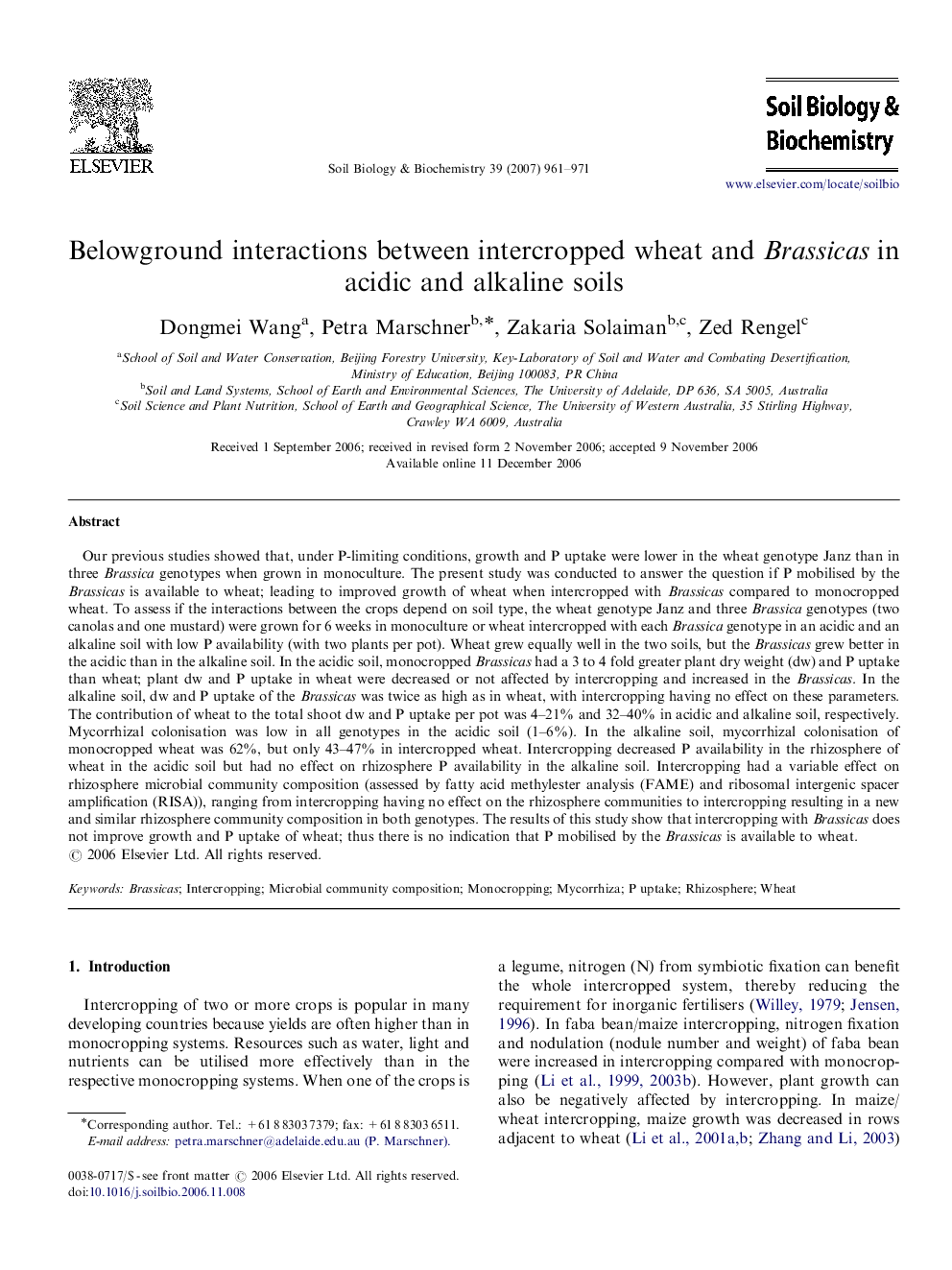 Belowground interactions between intercropped wheat and Brassicas in acidic and alkaline soils