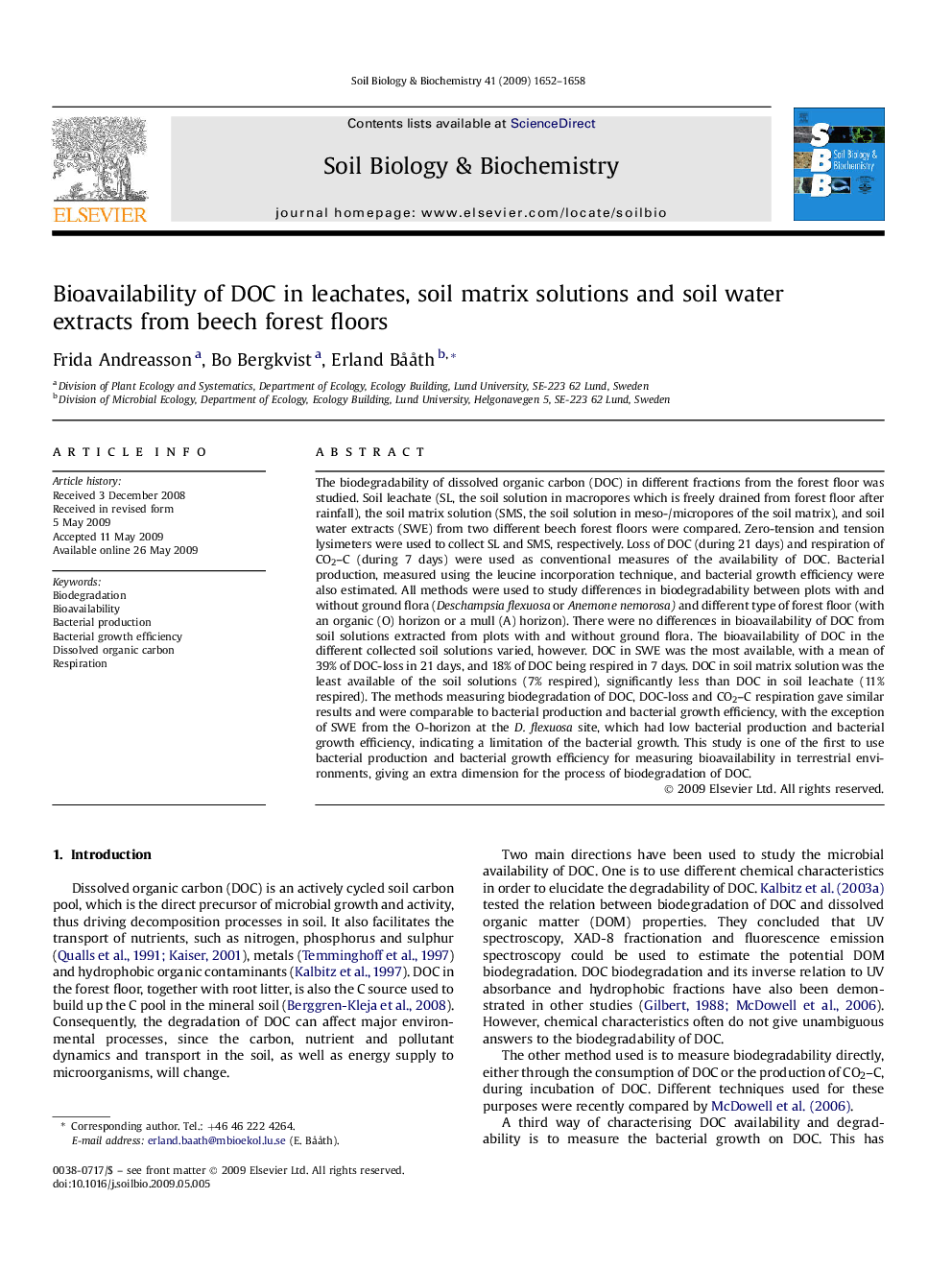 Bioavailability of DOC in leachates, soil matrix solutions and soil water extracts from beech forest floors