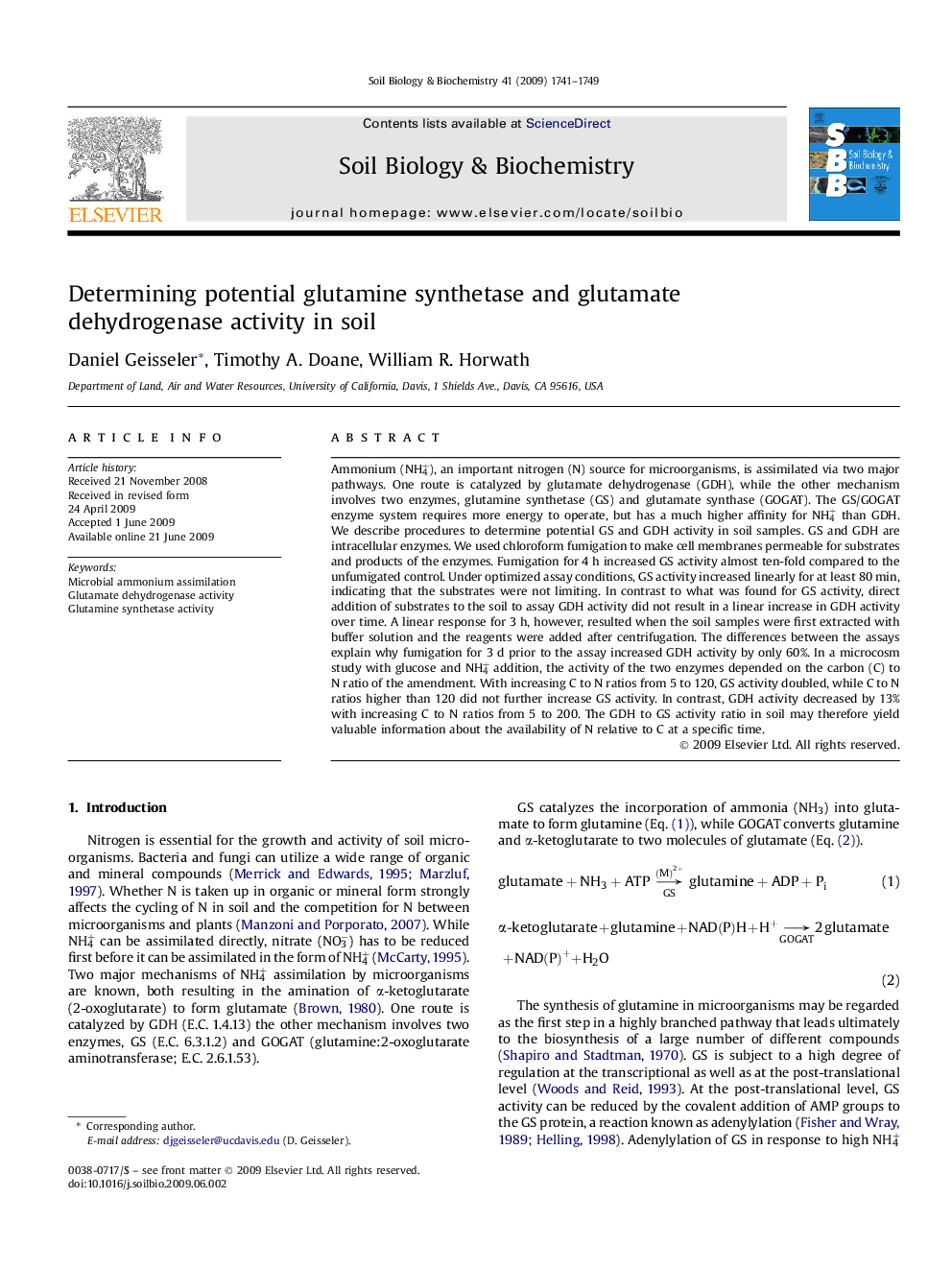 Determining potential glutamine synthetase and glutamate dehydrogenase activity in soil