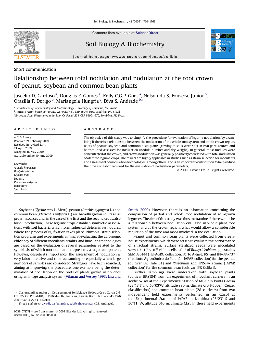 Relationship between total nodulation and nodulation at the root crown of peanut, soybean and common bean plants