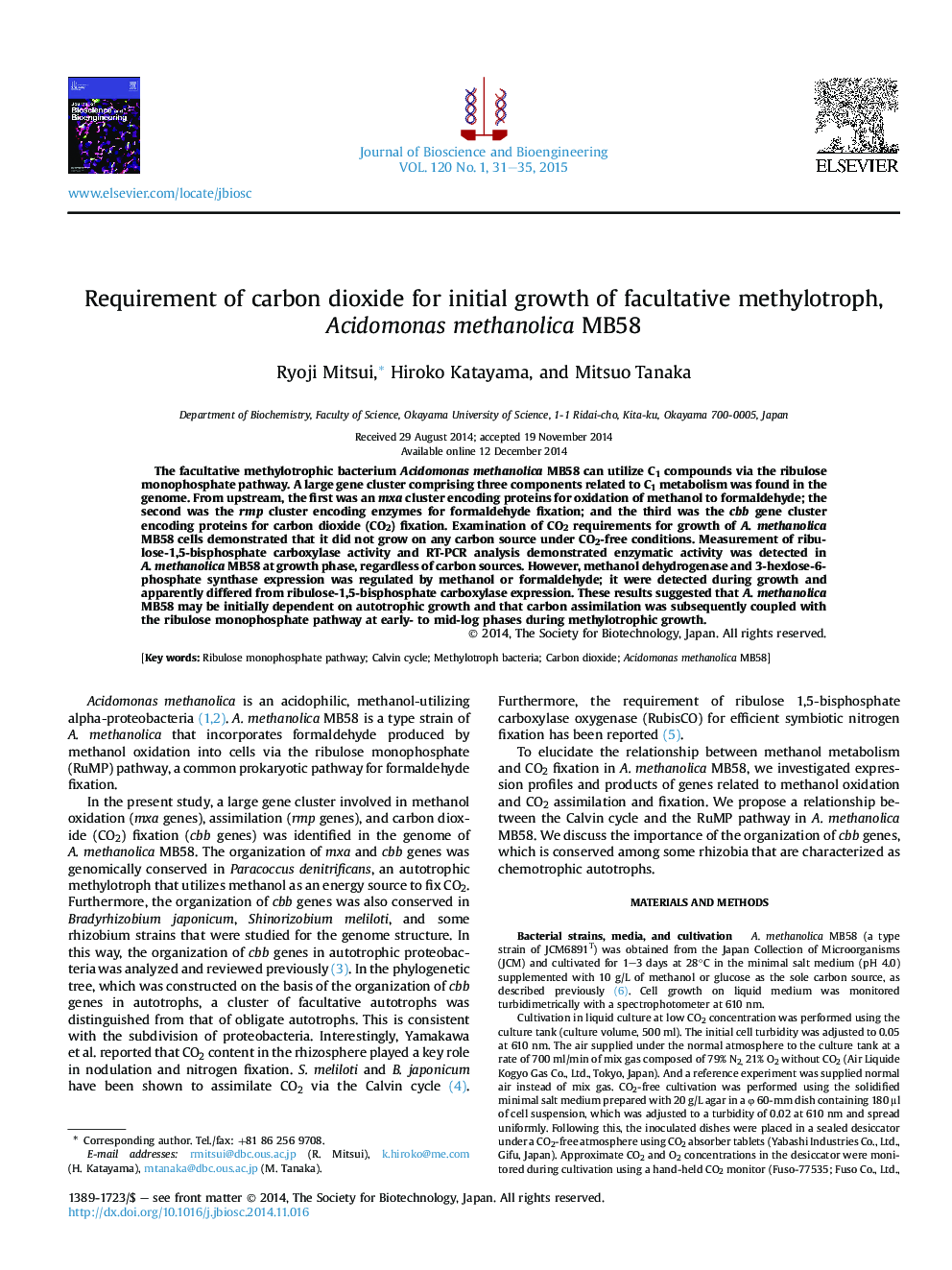 Requirement of carbon dioxide for initial growth of facultative methylotroph, Acidomonas methanolica MB58