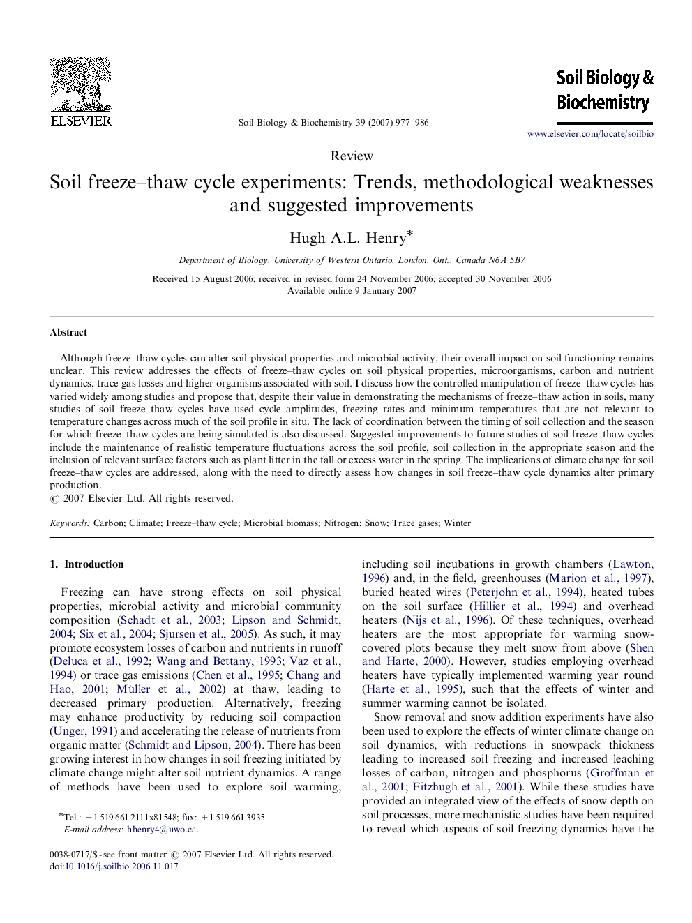 Soil freeze–thaw cycle experiments: Trends, methodological weaknesses and suggested improvements