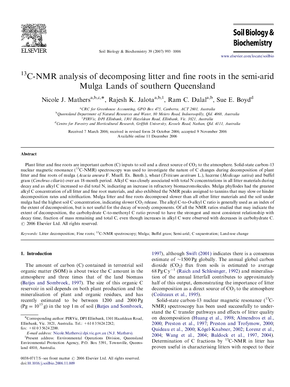 13C-NMR analysis of decomposing litter and fine roots in the semi-arid Mulga Lands of southern Queensland