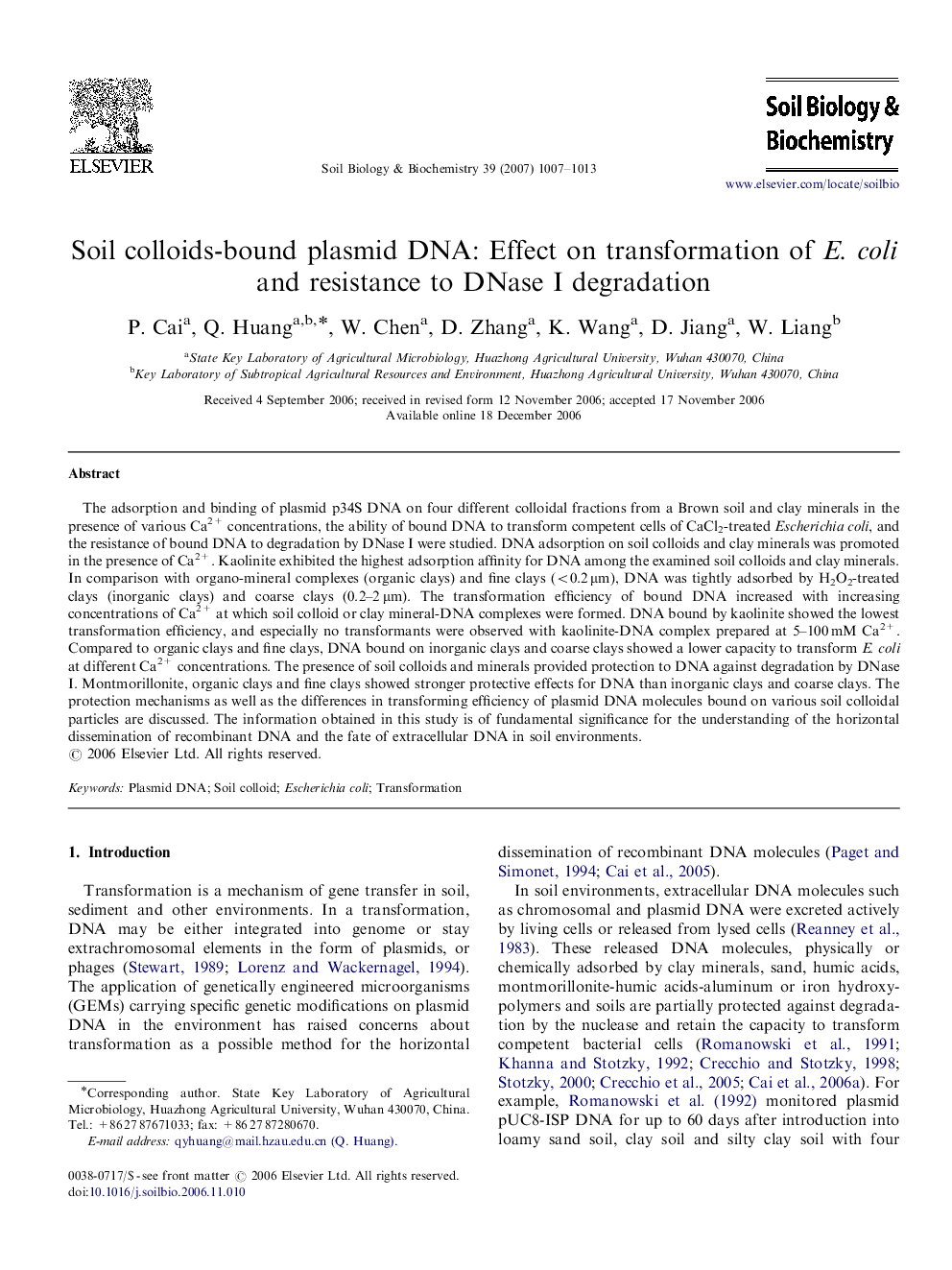 Soil colloids-bound plasmid DNA: Effect on transformation of E. coli and resistance to DNase I degradation