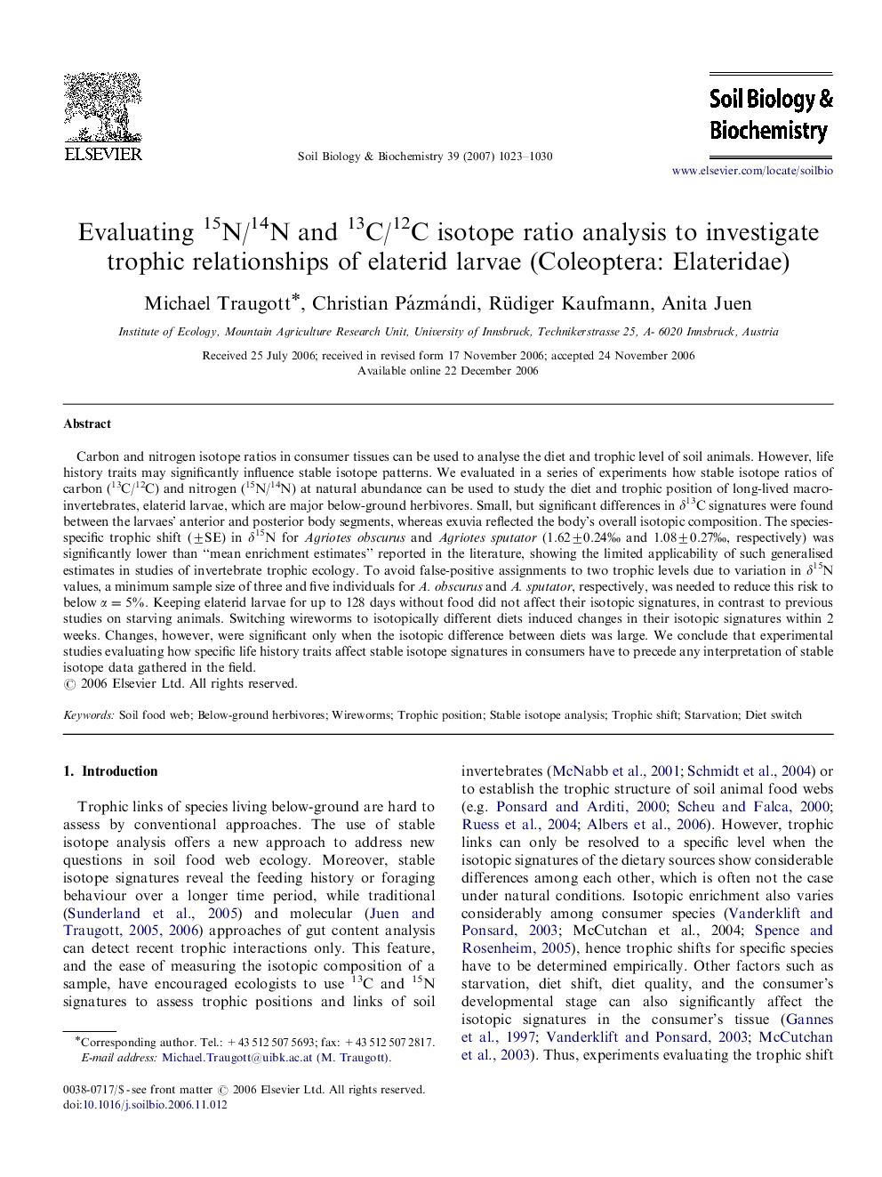 Evaluating 15N/14N and 13C/12C isotope ratio analysis to investigate trophic relationships of elaterid larvae (Coleoptera: Elateridae)