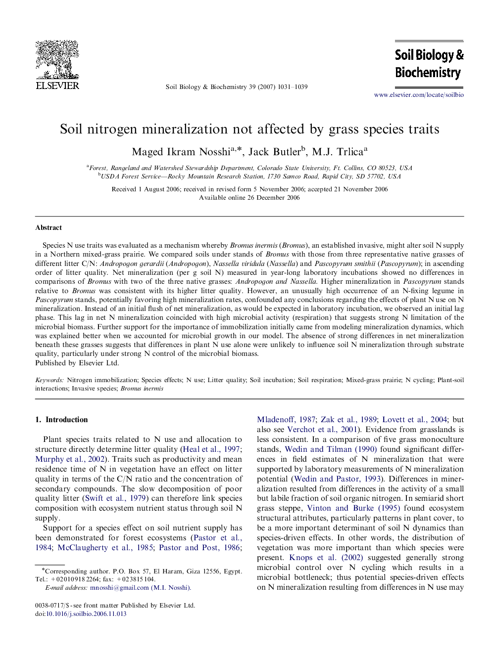 Soil nitrogen mineralization not affected by grass species traits