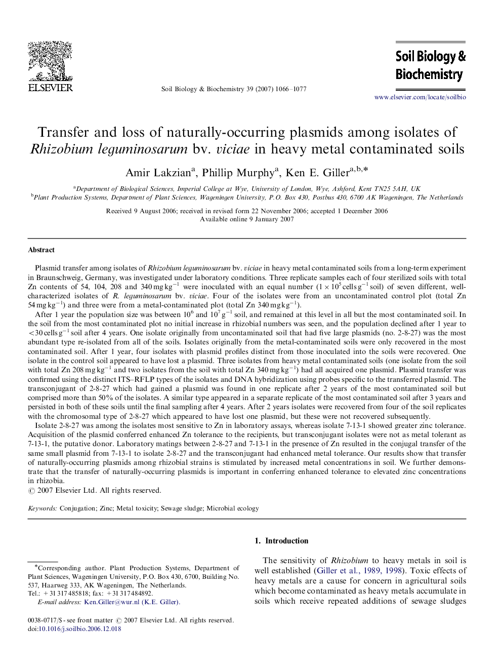 Transfer and loss of naturally-occurring plasmids among isolates of Rhizobium leguminosarum bv. viciae in heavy metal contaminated soils