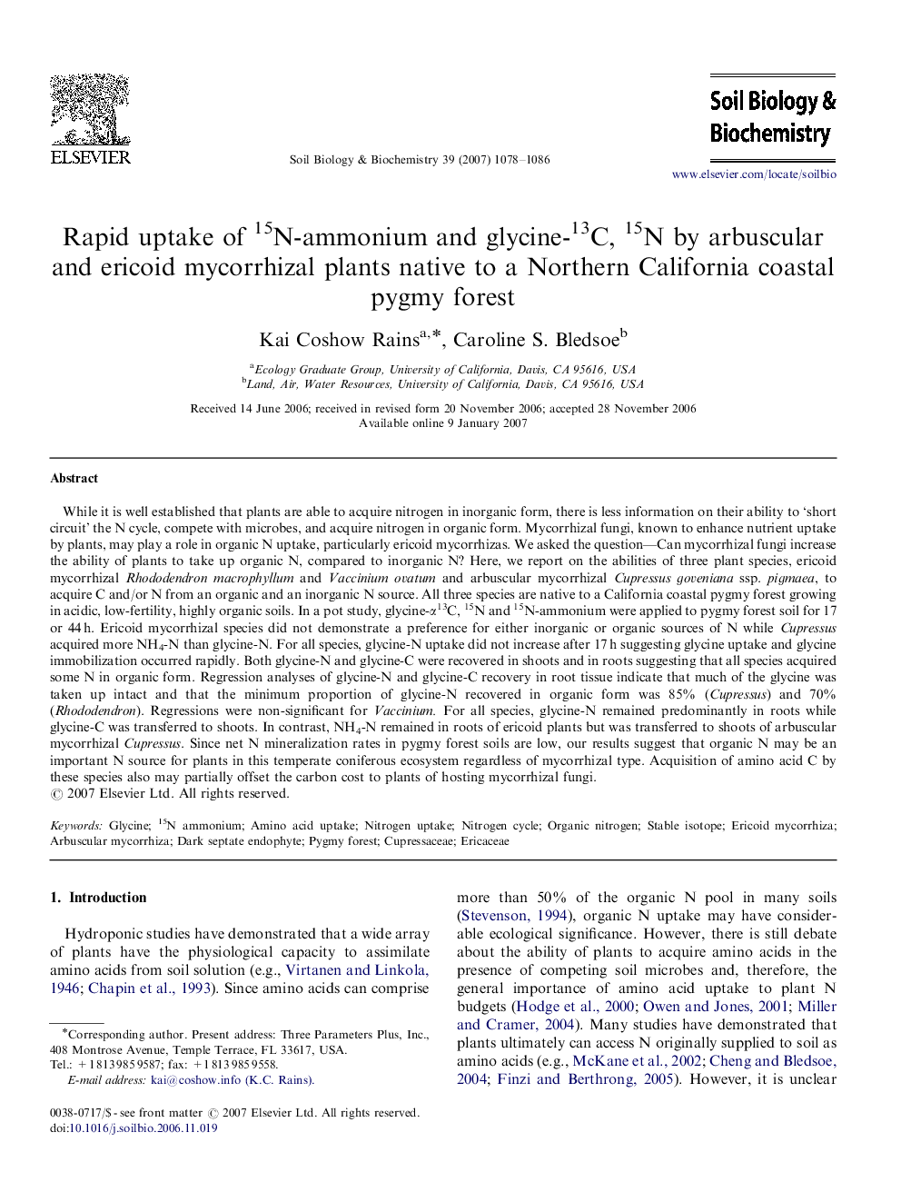 Rapid uptake of 15N-ammonium and glycine-13C, 15N by arbuscular and ericoid mycorrhizal plants native to a Northern California coastal pygmy forest