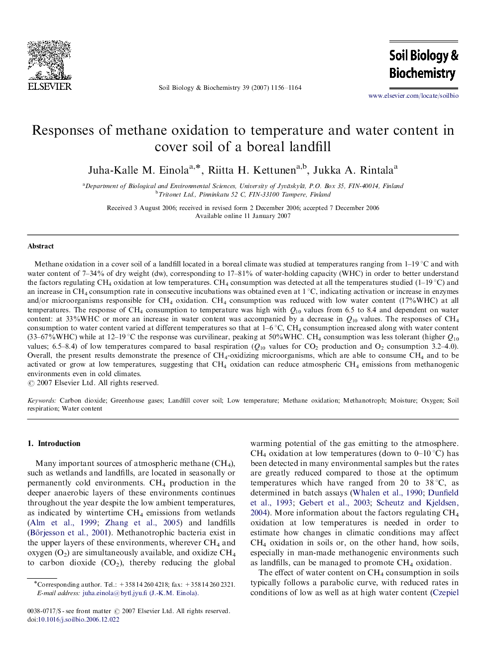 Responses of methane oxidation to temperature and water content in cover soil of a boreal landfill