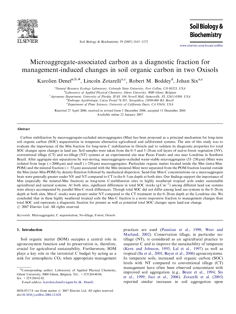 Microaggregate-associated carbon as a diagnostic fraction for management-induced changes in soil organic carbon in two Oxisols