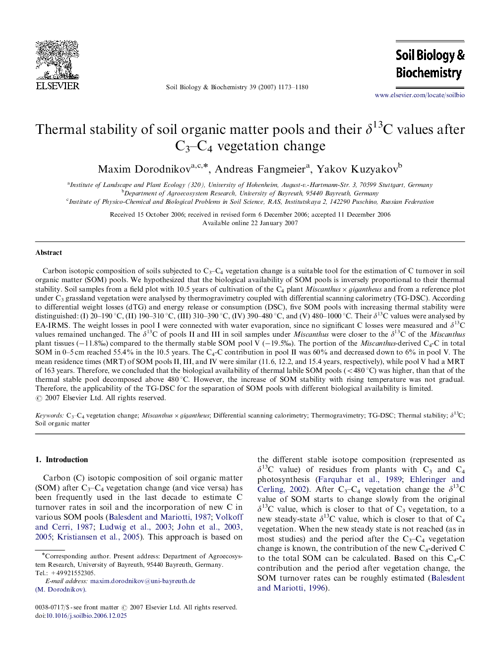 Thermal stability of soil organic matter pools and their δ13C values after C3–C4 vegetation change