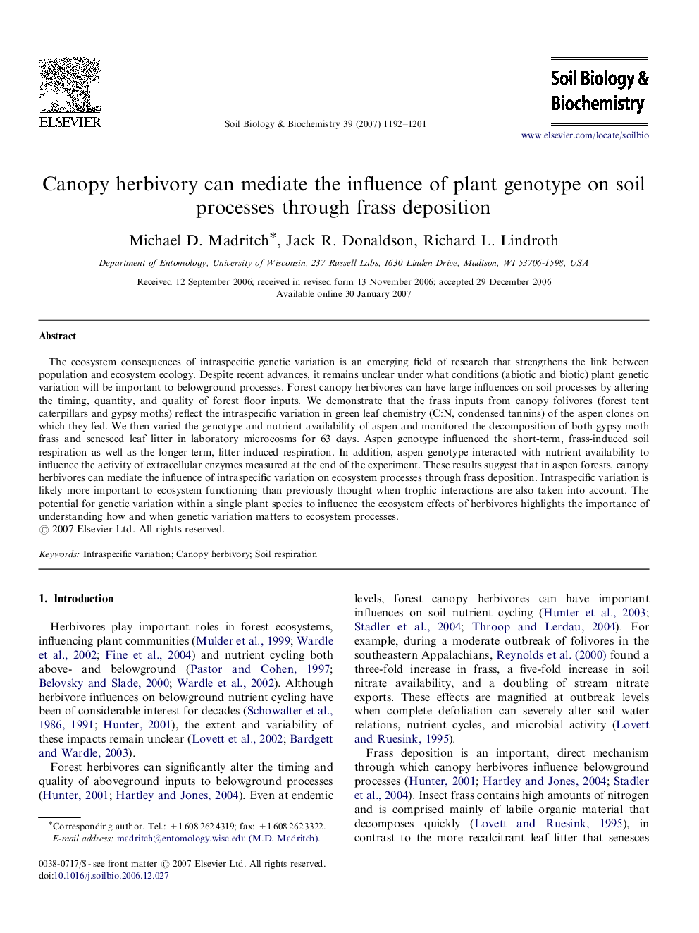 Canopy herbivory can mediate the influence of plant genotype on soil processes through frass deposition