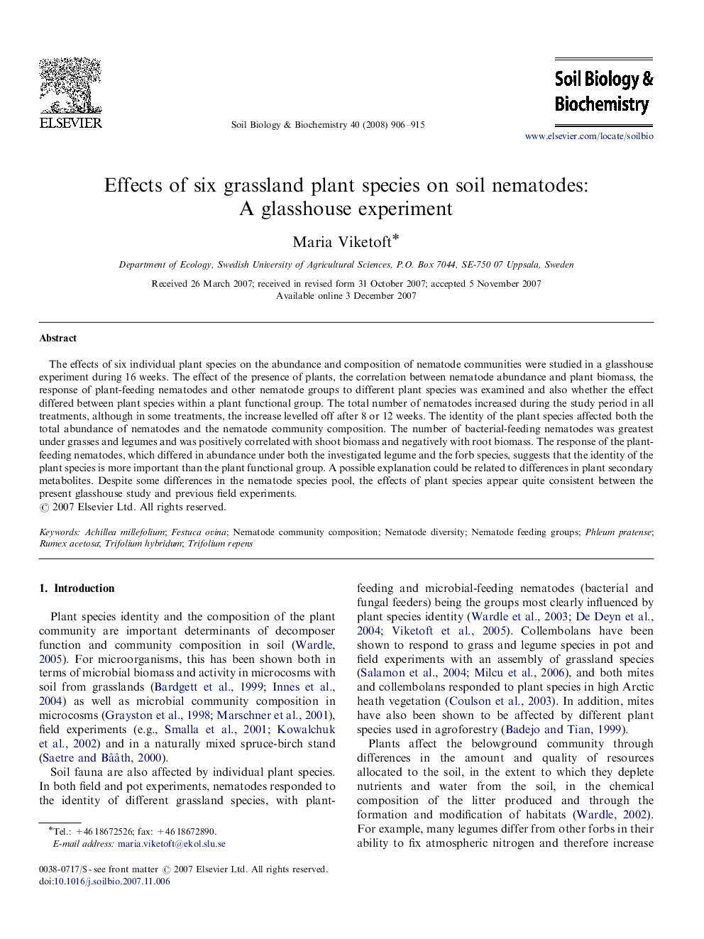 Effects of six grassland plant species on soil nematodes: A glasshouse experiment