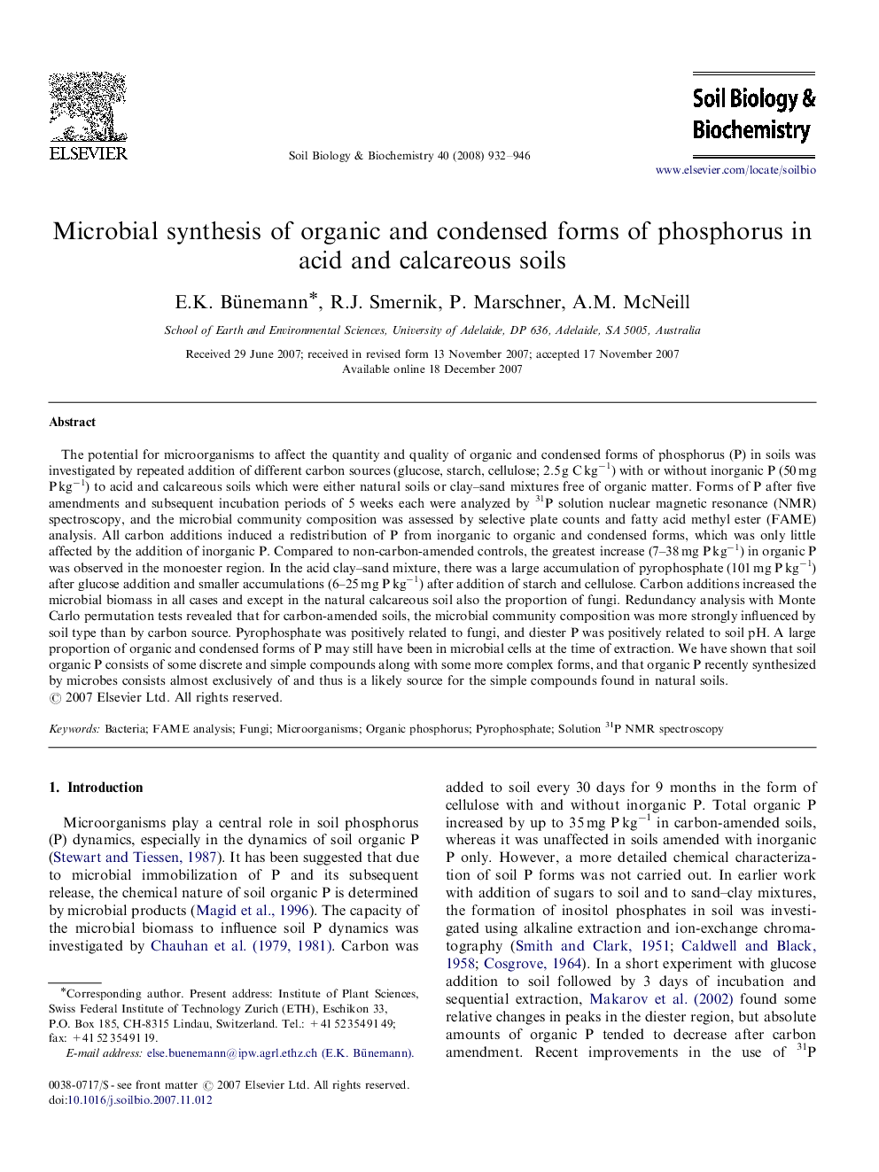 Microbial synthesis of organic and condensed forms of phosphorus in acid and calcareous soils