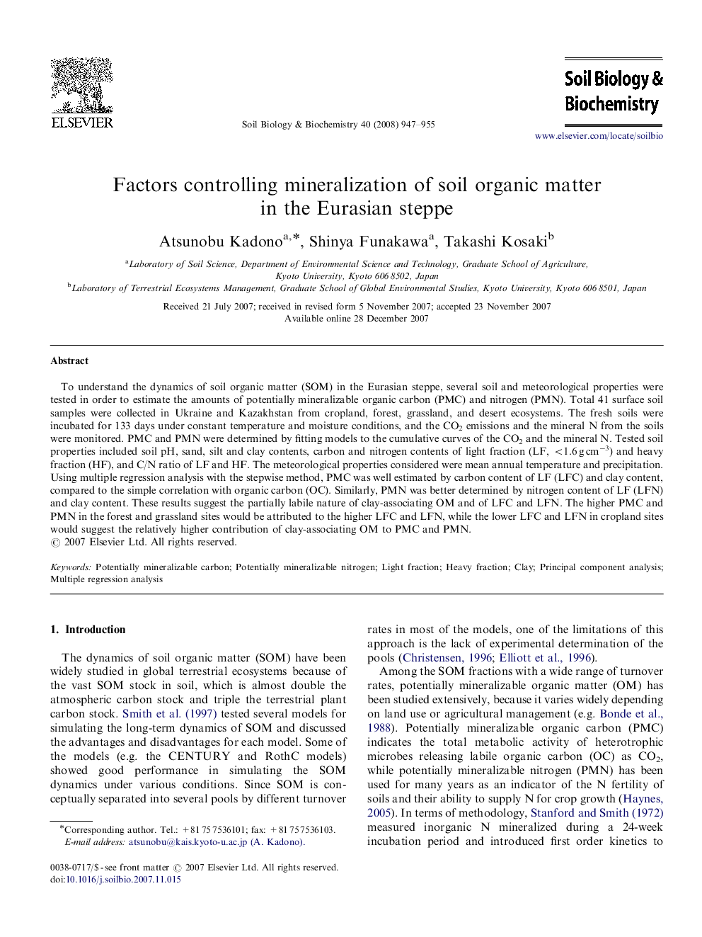 Factors controlling mineralization of soil organic matter in the Eurasian steppe