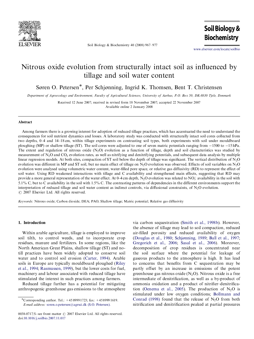 Nitrous oxide evolution from structurally intact soil as influenced by tillage and soil water content