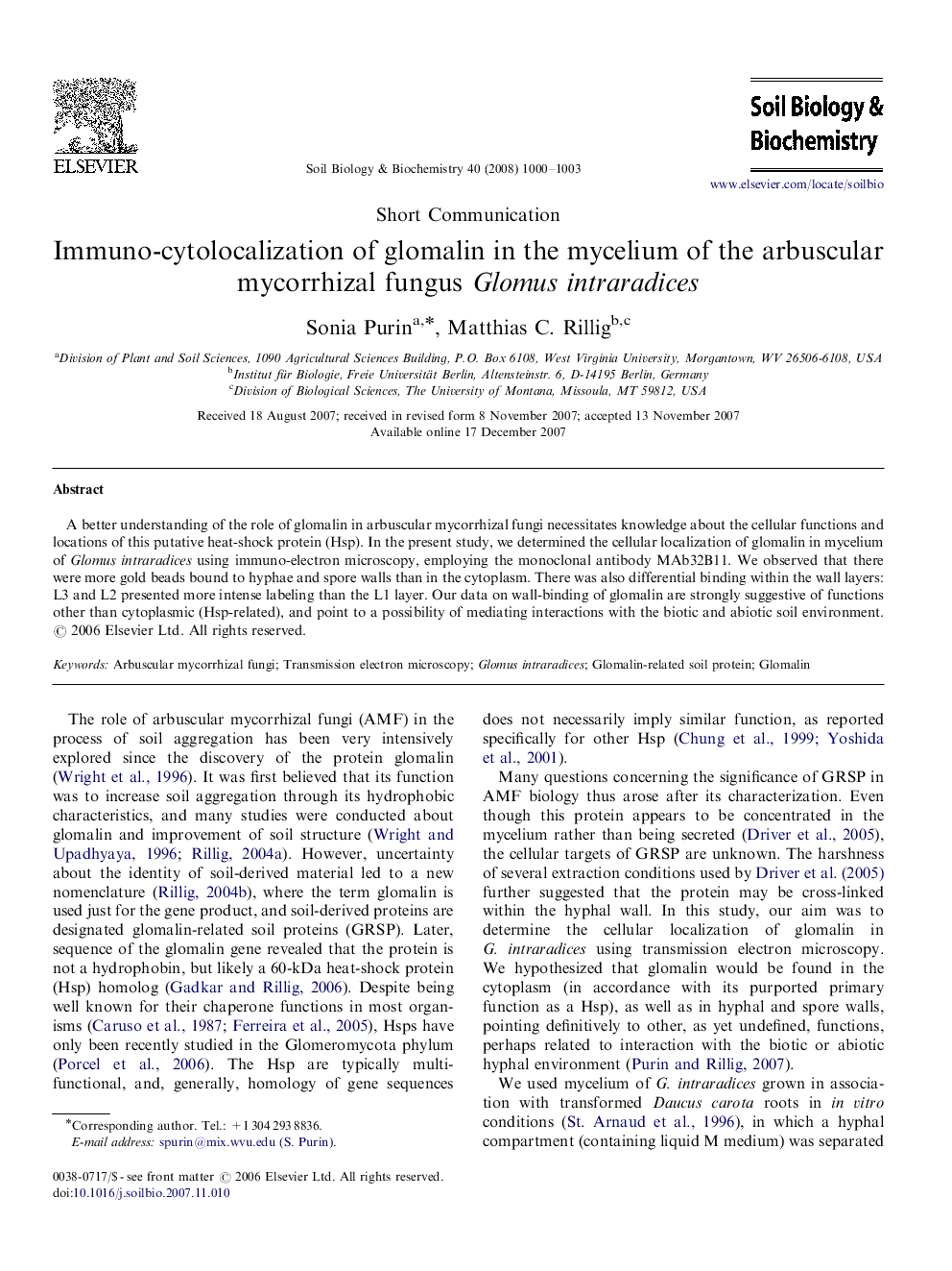 Immuno-cytolocalization of glomalin in the mycelium of the arbuscular mycorrhizal fungus Glomus intraradices