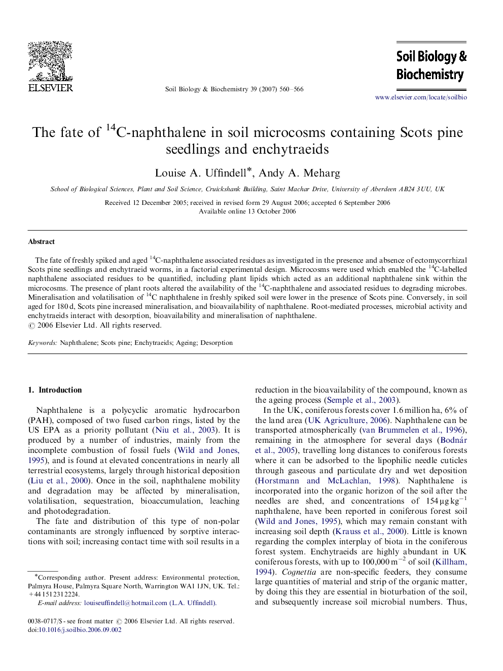 The fate of 14C-naphthalene in soil microcosms containing Scots pine seedlings and enchytraeids