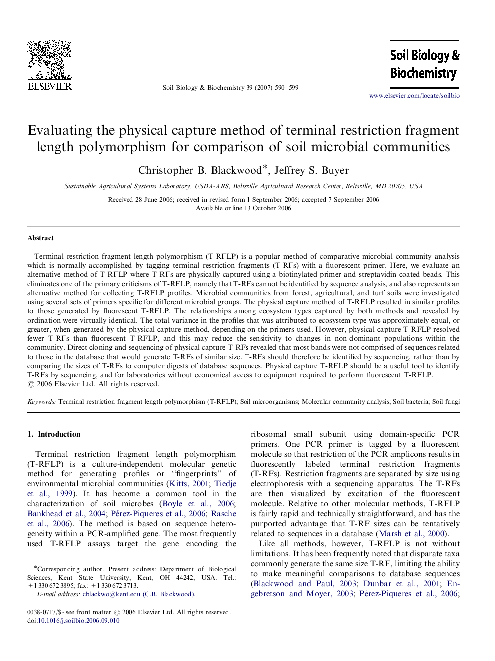 Evaluating the physical capture method of terminal restriction fragment length polymorphism for comparison of soil microbial communities