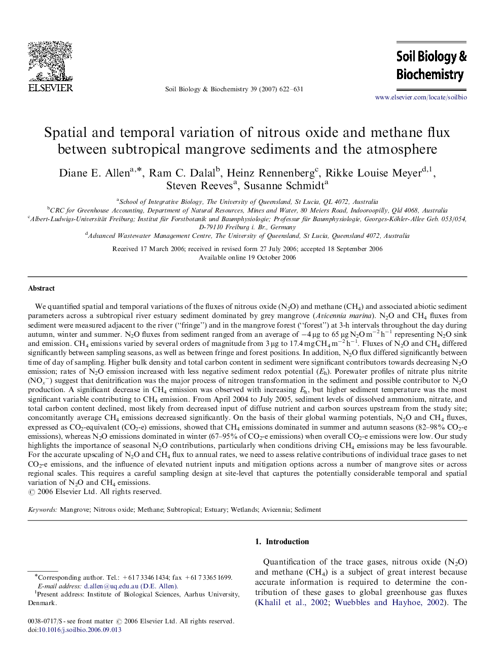 Spatial and temporal variation of nitrous oxide and methane flux between subtropical mangrove sediments and the atmosphere