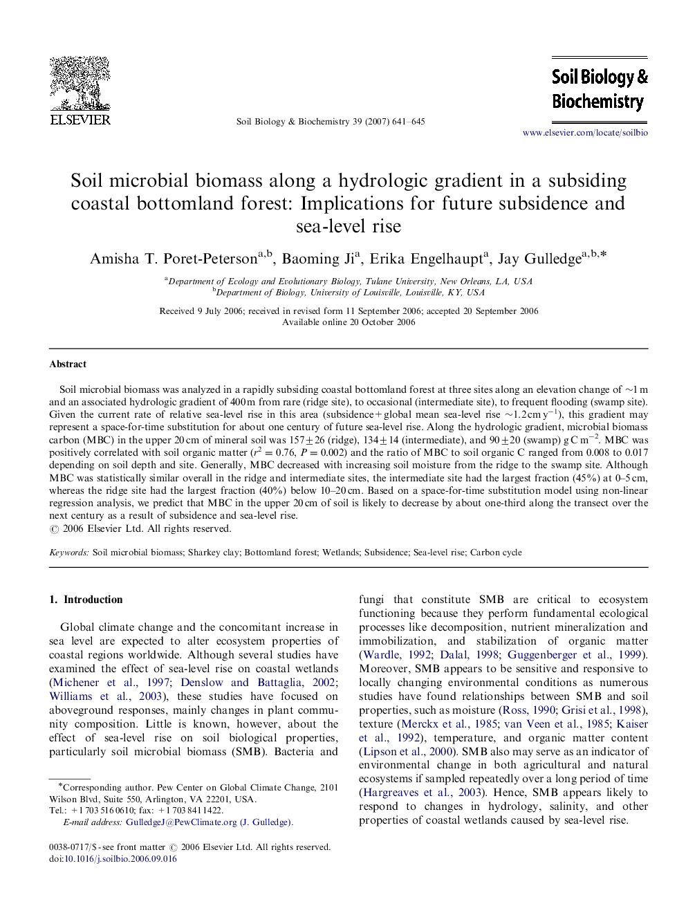 Soil microbial biomass along a hydrologic gradient in a subsiding coastal bottomland forest: Implications for future subsidence and sea-level rise