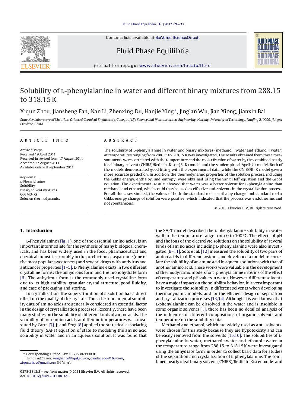 Solubility of l-phenylalanine in water and different binary mixtures from 288.15 to 318.15 K