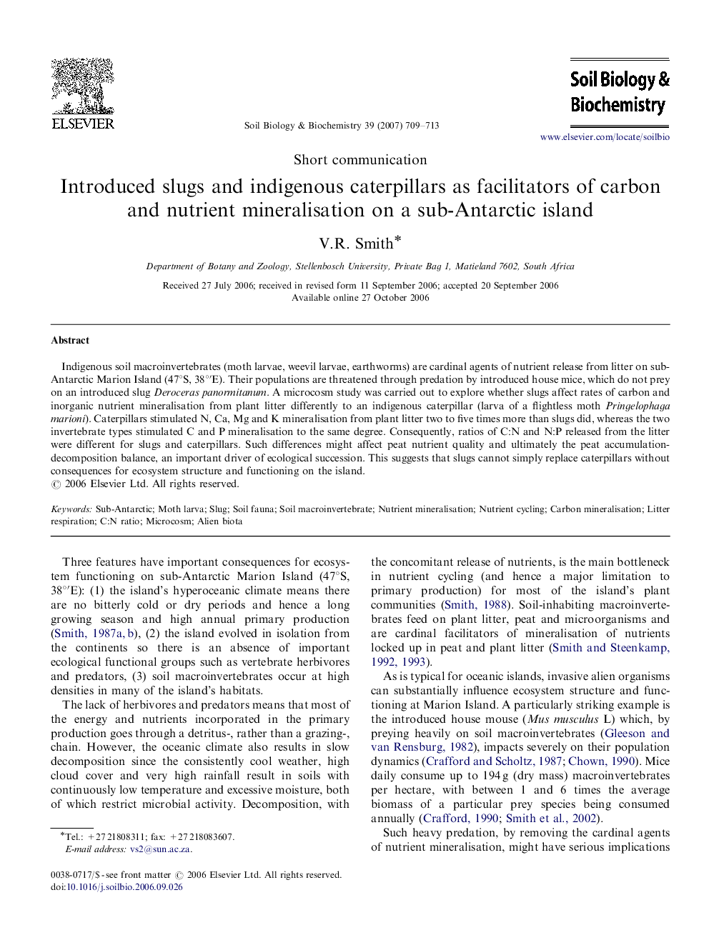 Introduced slugs and indigenous caterpillars as facilitators of carbon and nutrient mineralisation on a sub-Antarctic island