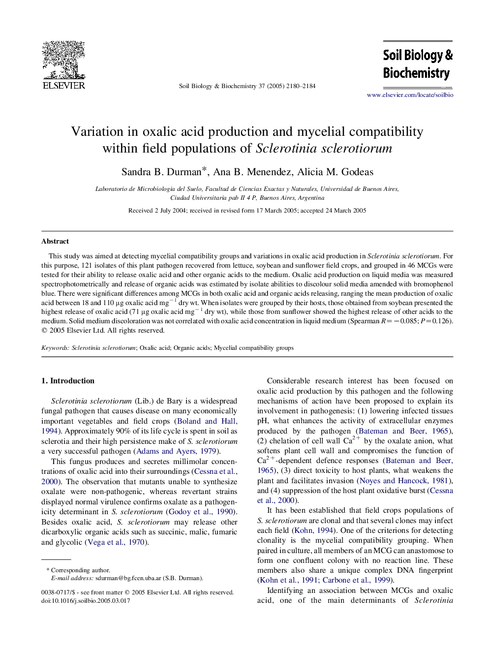 Variation in oxalic acid production and mycelial compatibility within field populations of Sclerotinia sclerotiorum