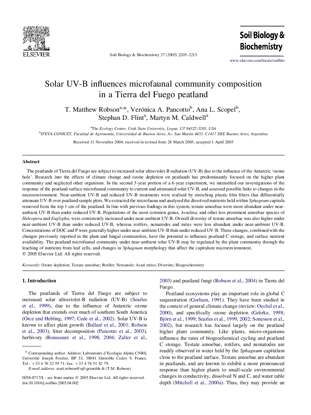 Solar UV-B influences microfaunal community composition in a Tierra del Fuego peatland