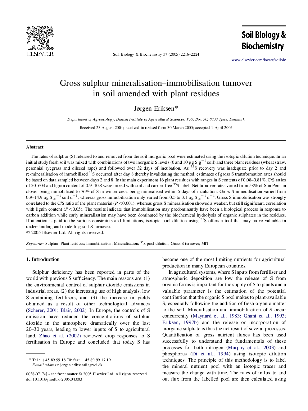 Gross sulphur mineralisation–immobilisation turnover in soil amended with plant residues