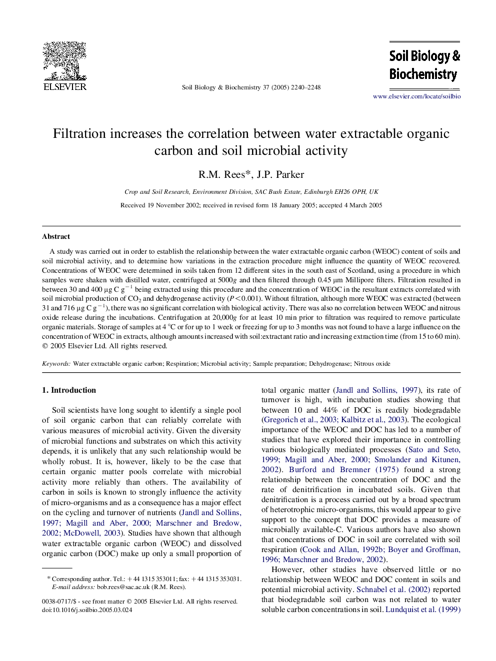 Filtration increases the correlation between water extractable organic carbon and soil microbial activity