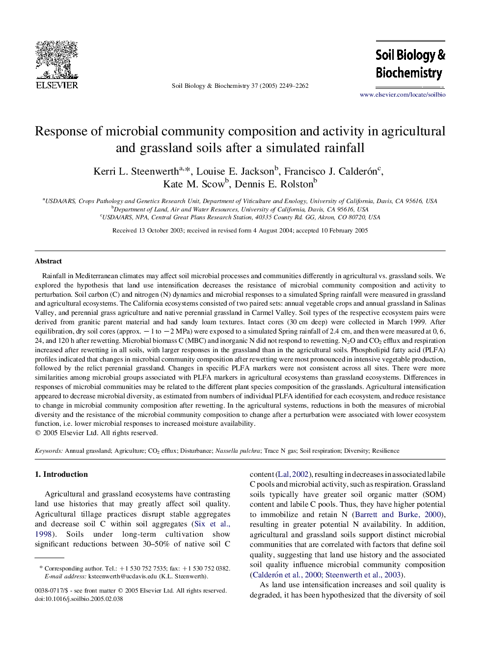 Response of microbial community composition and activity in agricultural and grassland soils after a simulated rainfall