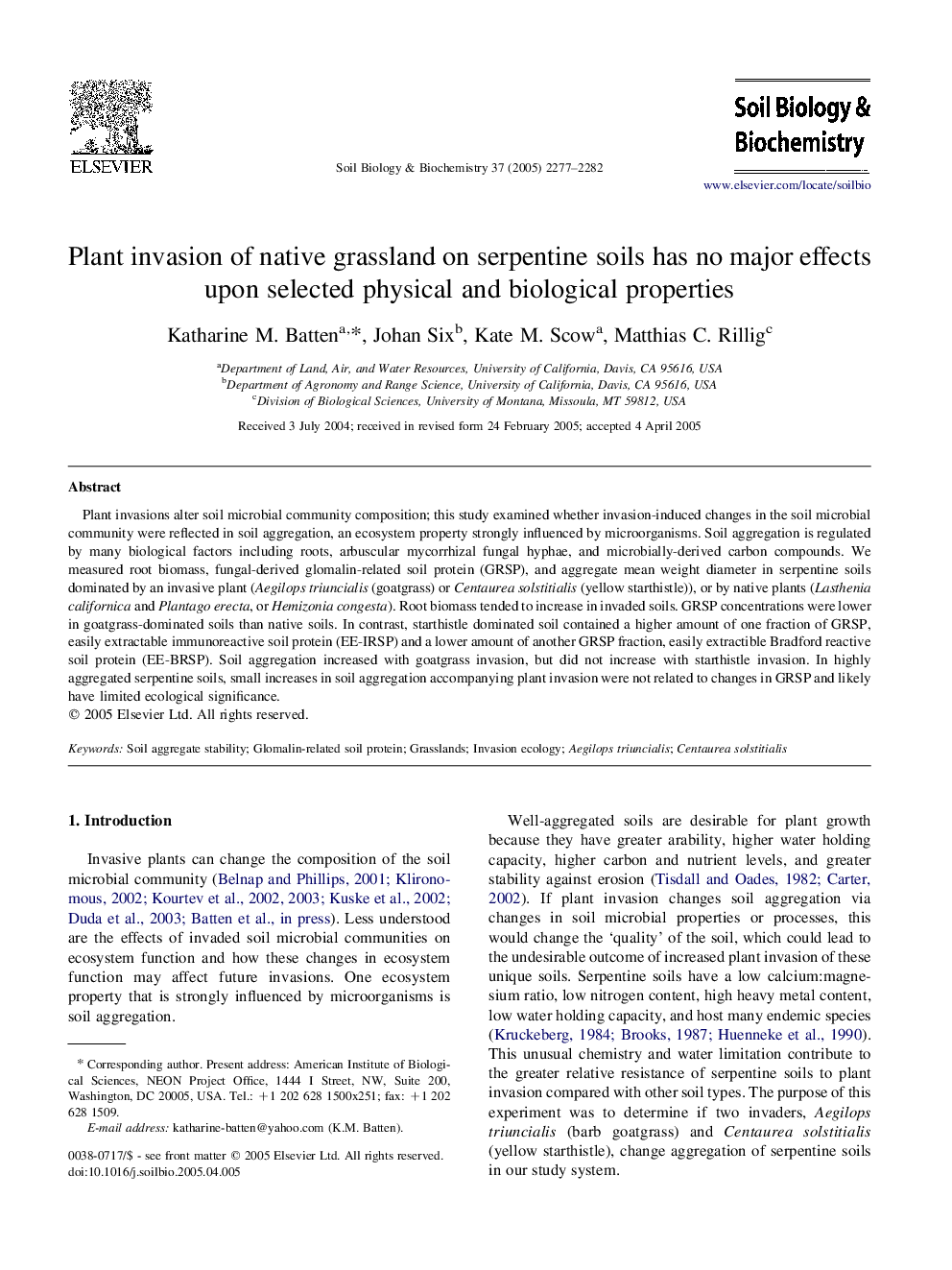 Plant invasion of native grassland on serpentine soils has no major effects upon selected physical and biological properties